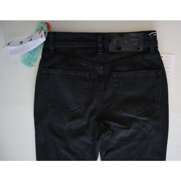 Off-White Women's Sz 26 Black Slogan-Print Straight High-Rise Denim Jeans - Picture 7 of 9